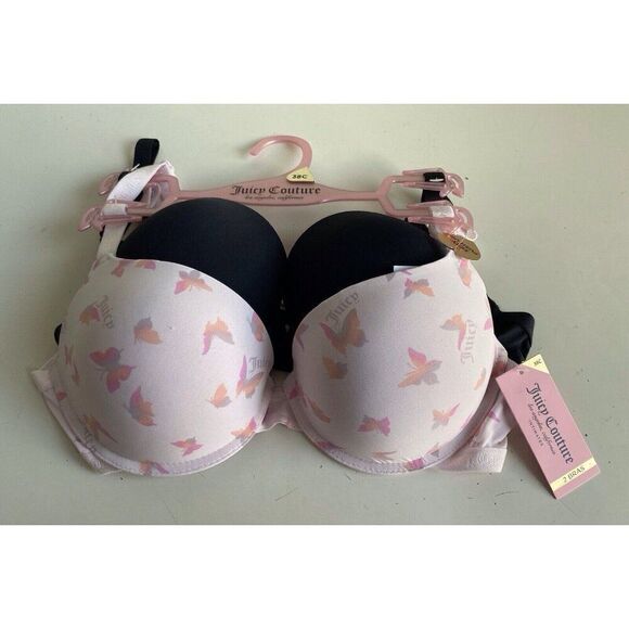 2 Pack Juicy Couture Bra SEXY Push Up JC6965 Butterflies Pink Black Sz 38C NEW - Picture 1 of 8